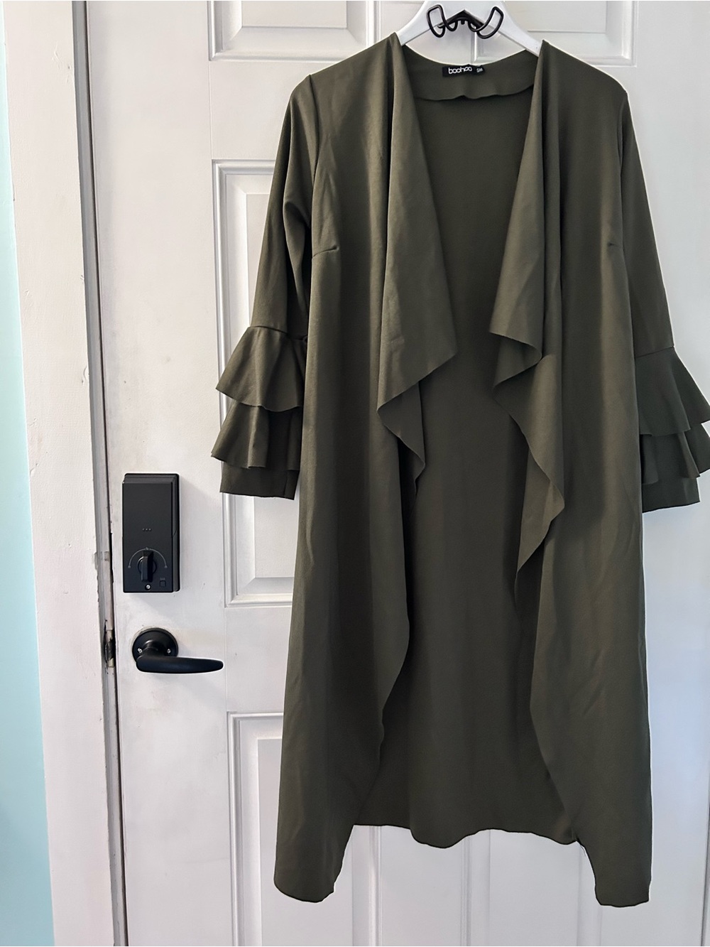 Boohoo Olive Green Layered Ruffle Sleeve Duster